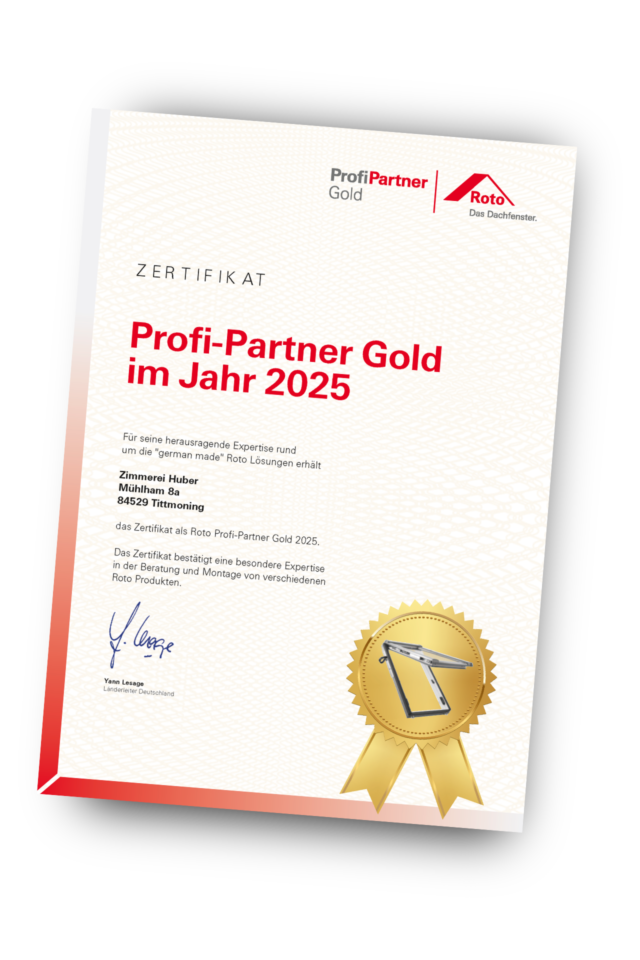 Profi-Partner-Gold-Zertifikat der Dachfenster-Firma Roto für die Zimmerei-Huber.
